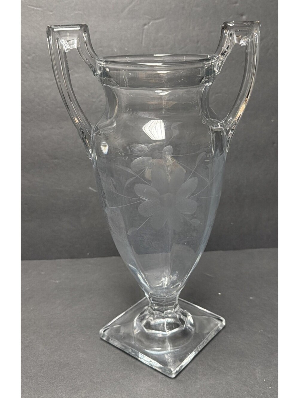 VTG Tiffin Trophy Flower Vase Urn Etched Flower Off Set Square Base Side Handles